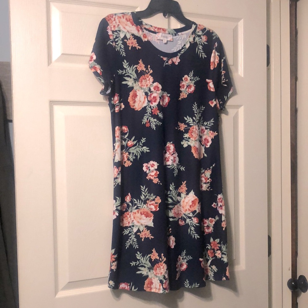 Pink Rose T Shirt Dress Navy Blue with Pink Flowers XL